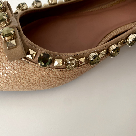 TORY BURCH Ballet Flat Crystal Embellished Point Toe Beige Tan Bow Jewel 6.5 - Picture 5 of 8